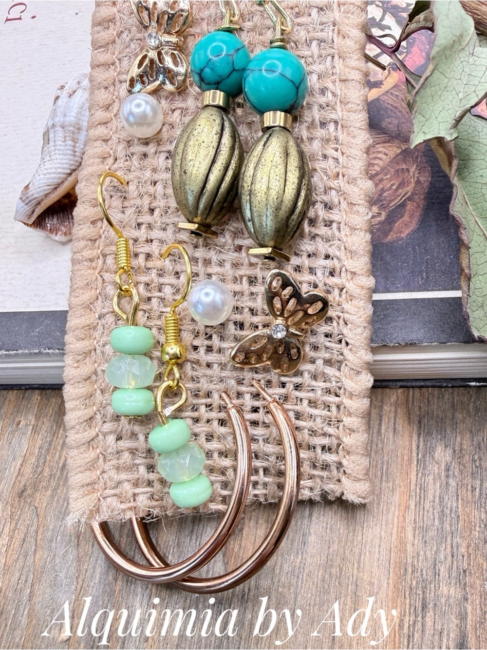 VACATION READY + GREEN EARRINGS SET + turquoise bronze pearl aventurine - Picture 4 of 5